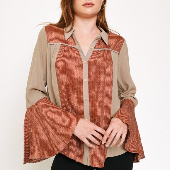 MYSTREE Taupe & Rust Boho Button Down Blouse, Flared Sleeve Casual Chic Top - Picture 7 of 9